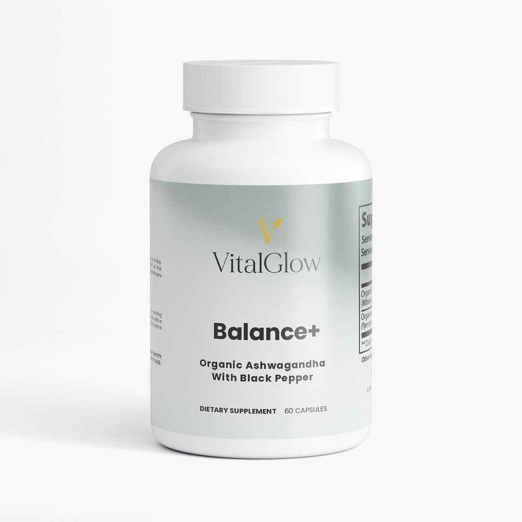 Vital Glow Balance+ dietary supplement bottle on a white background