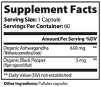 Supplement facts label for a product containing Organic Ashwagandha and Organic Black Pepper.