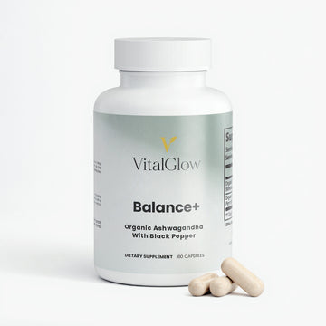 Vital Glow Balance+ dietary supplement bottle with capsules on a white background