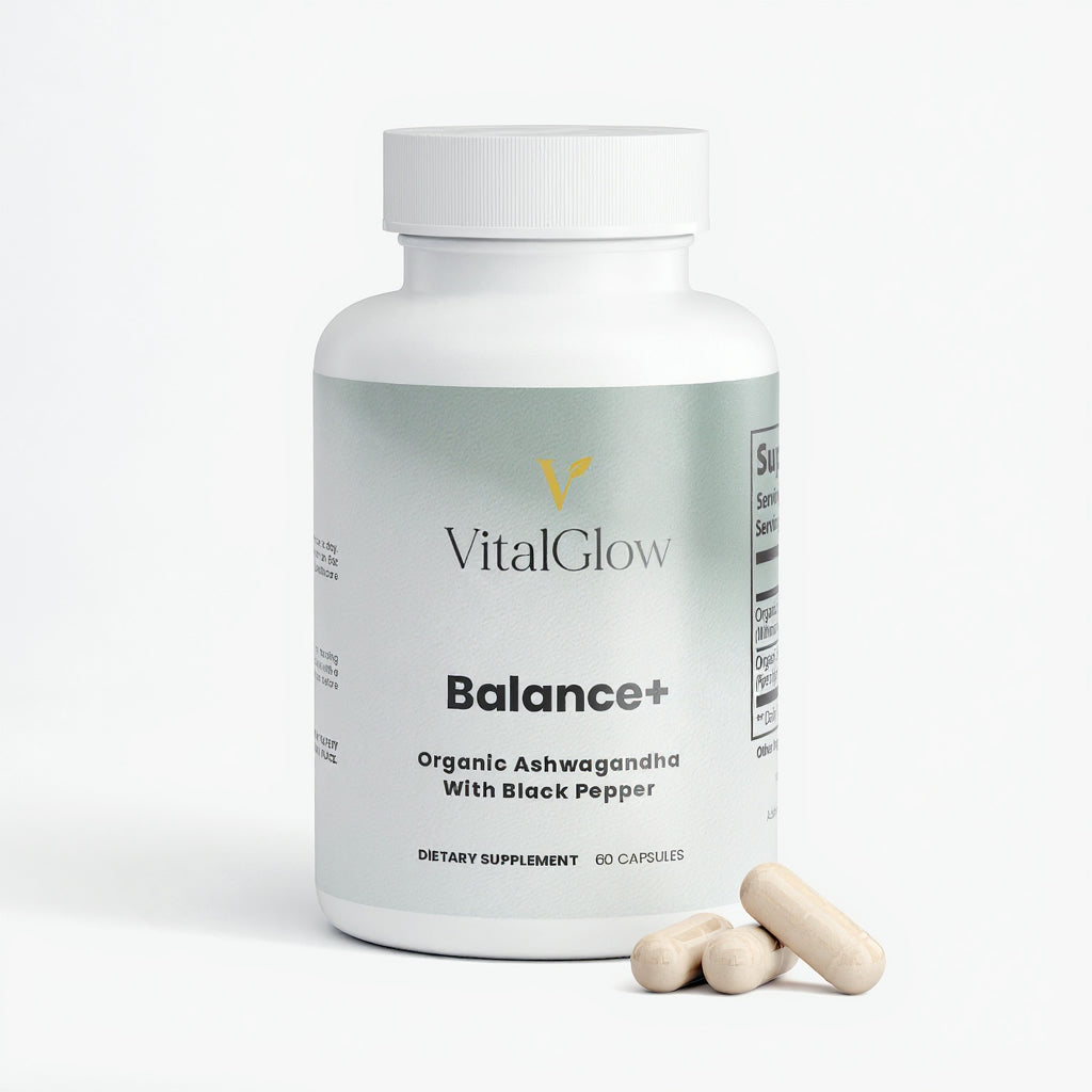 Vital Glow Balance+ dietary supplement bottle with capsules on a white background