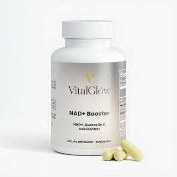 VitalGlow NAD+ Booster supplement bottle with capsules on a white background