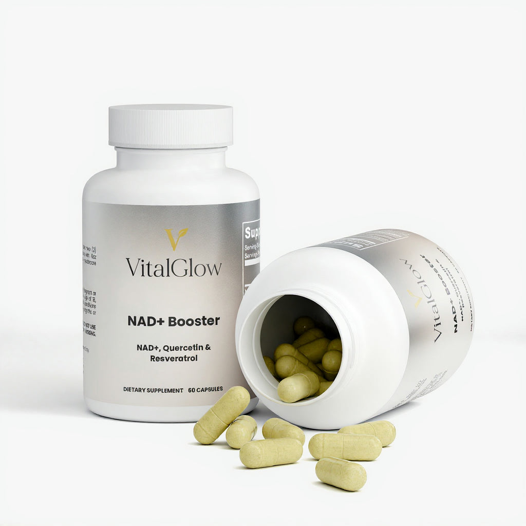Vital Glow NAD+ Booster supplement bottle with open lid on a white background