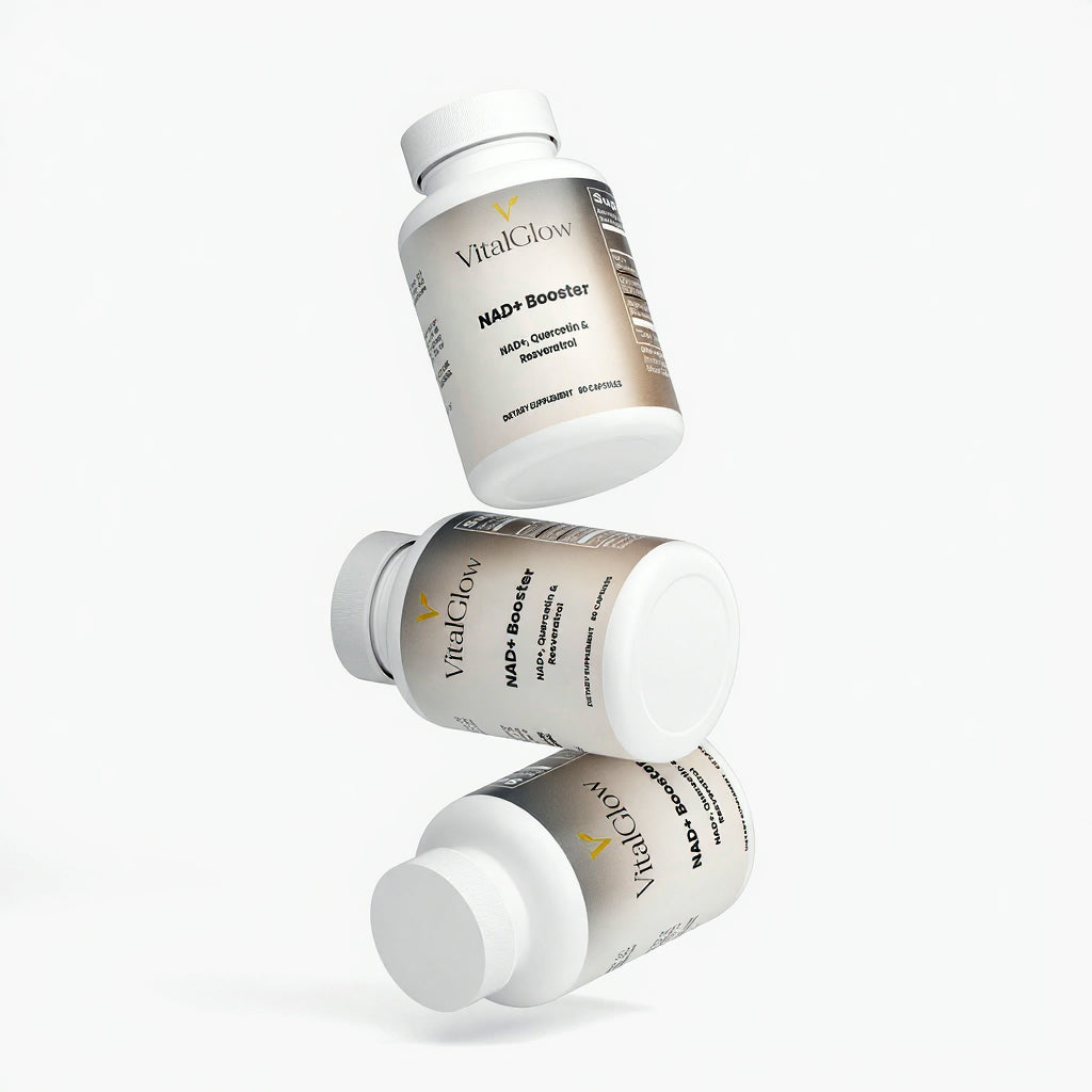 Three bottles of Vital Glow NAD+ Booster on a white background