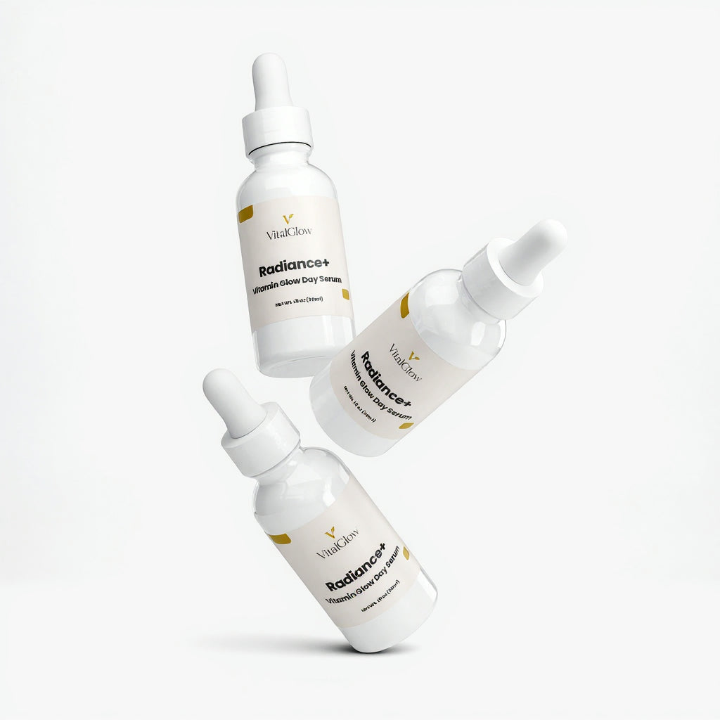 Three bottles of VitalCare Radiance+ Vitamin Glow Day Cream on a white background