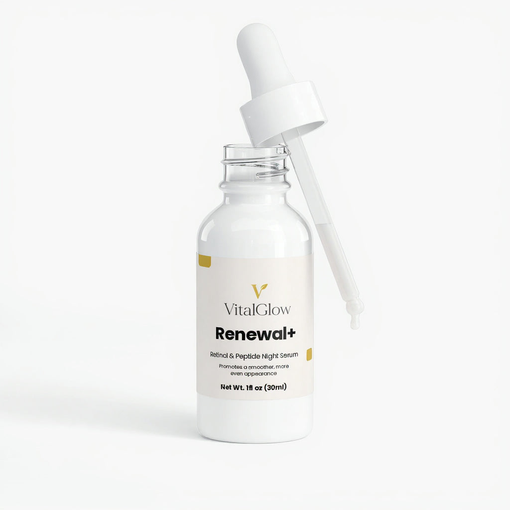 Vital Glow Renewal+ serum bottle with dropper on a white background