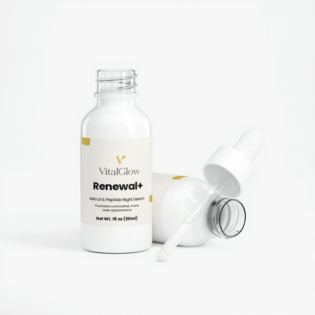 Vital Glow Renewal+ skincare serum bottle on a white background
