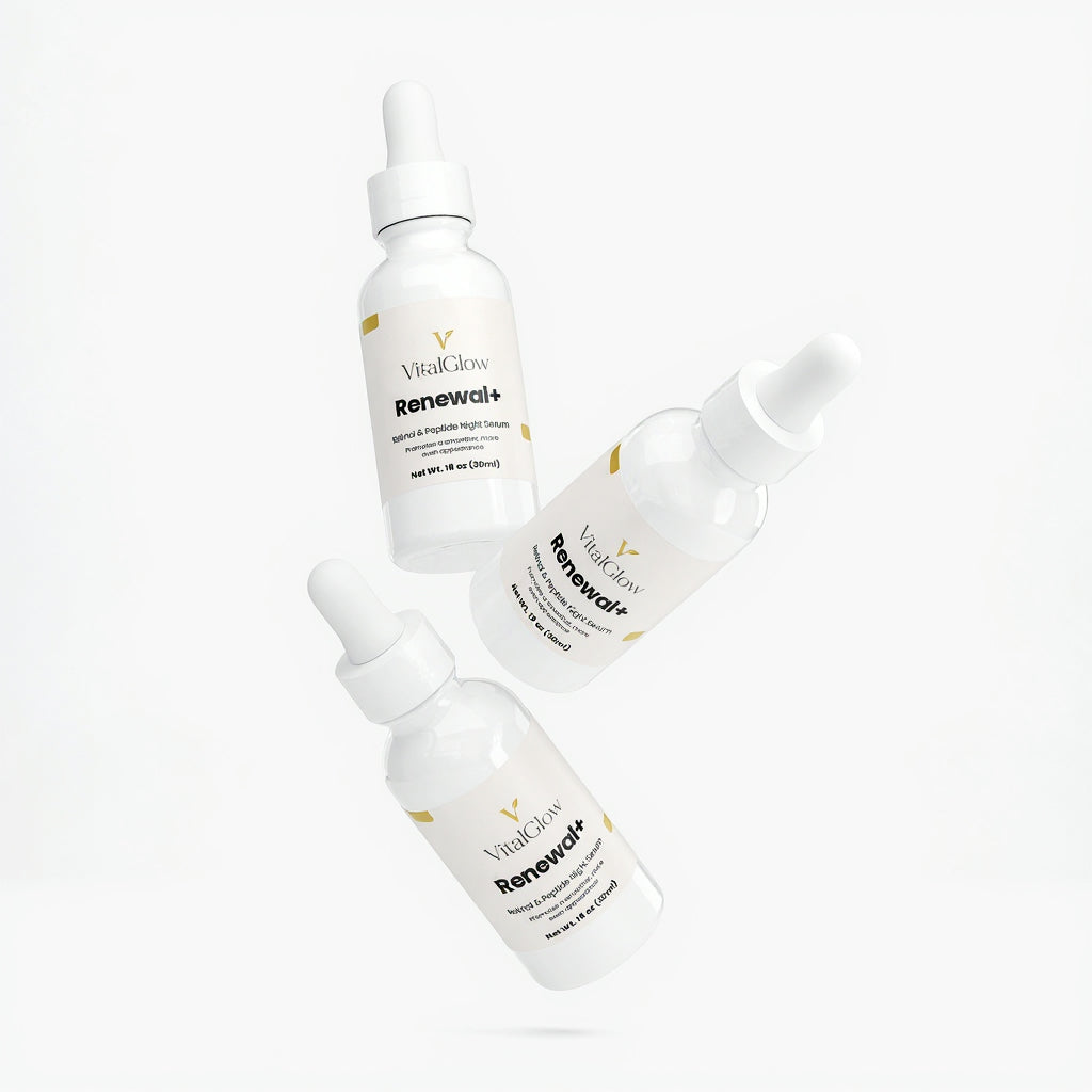 Three bottles of VitalCare Renewal+ serum on a white background
